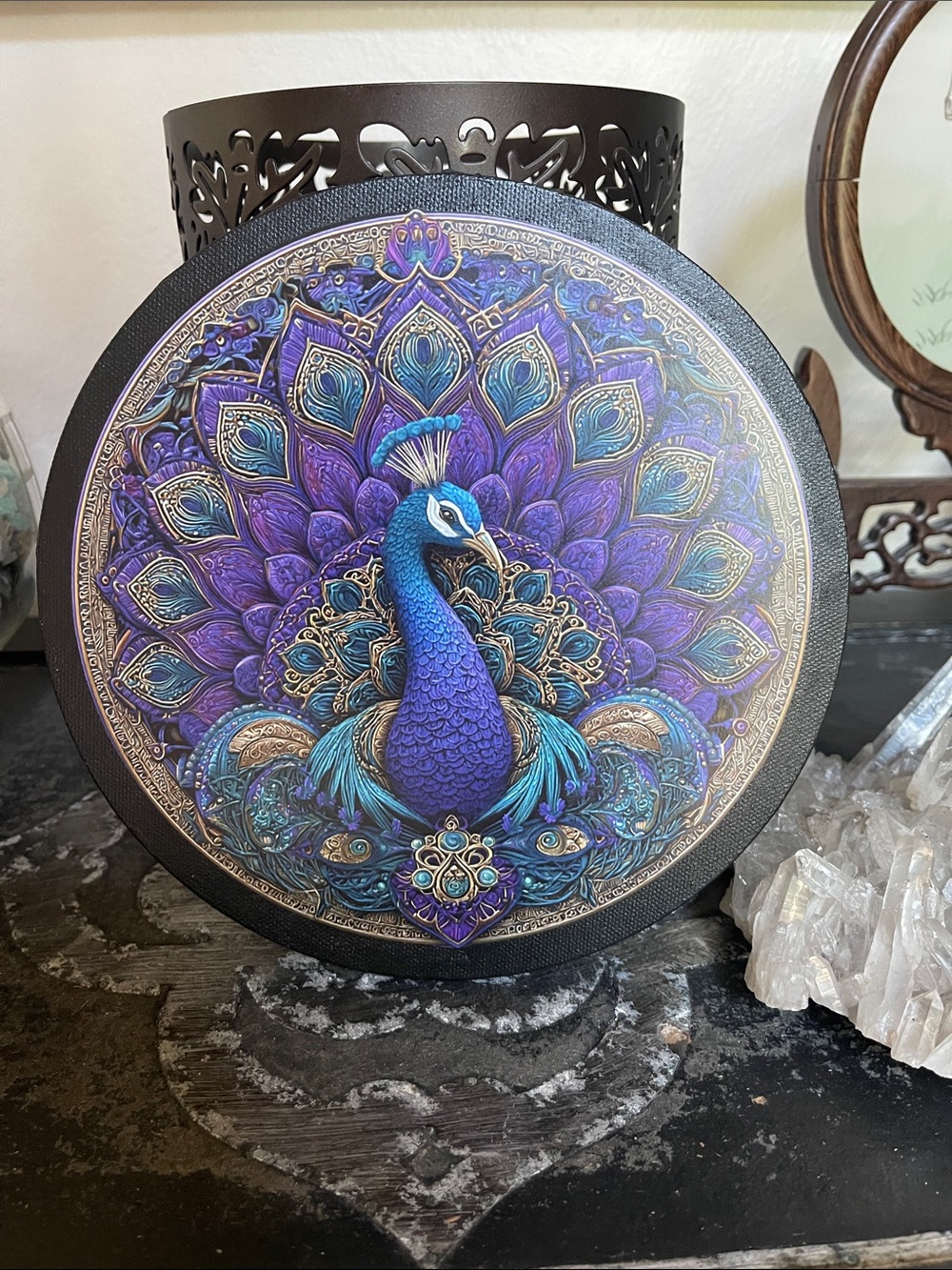 Oops Vibrant Peacock Mandala Wall Art - Purple & Teal Decoupaged Canvas